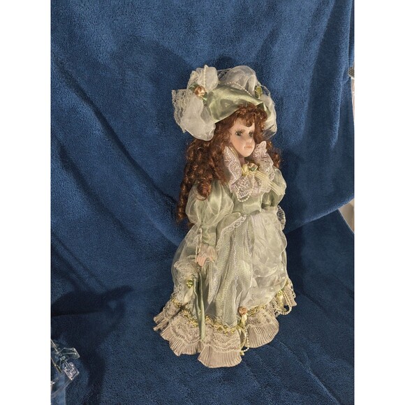 Cathay Collection Victorian Style Porcelain Doll with Green Dress and Hat - Picture 5 of 7